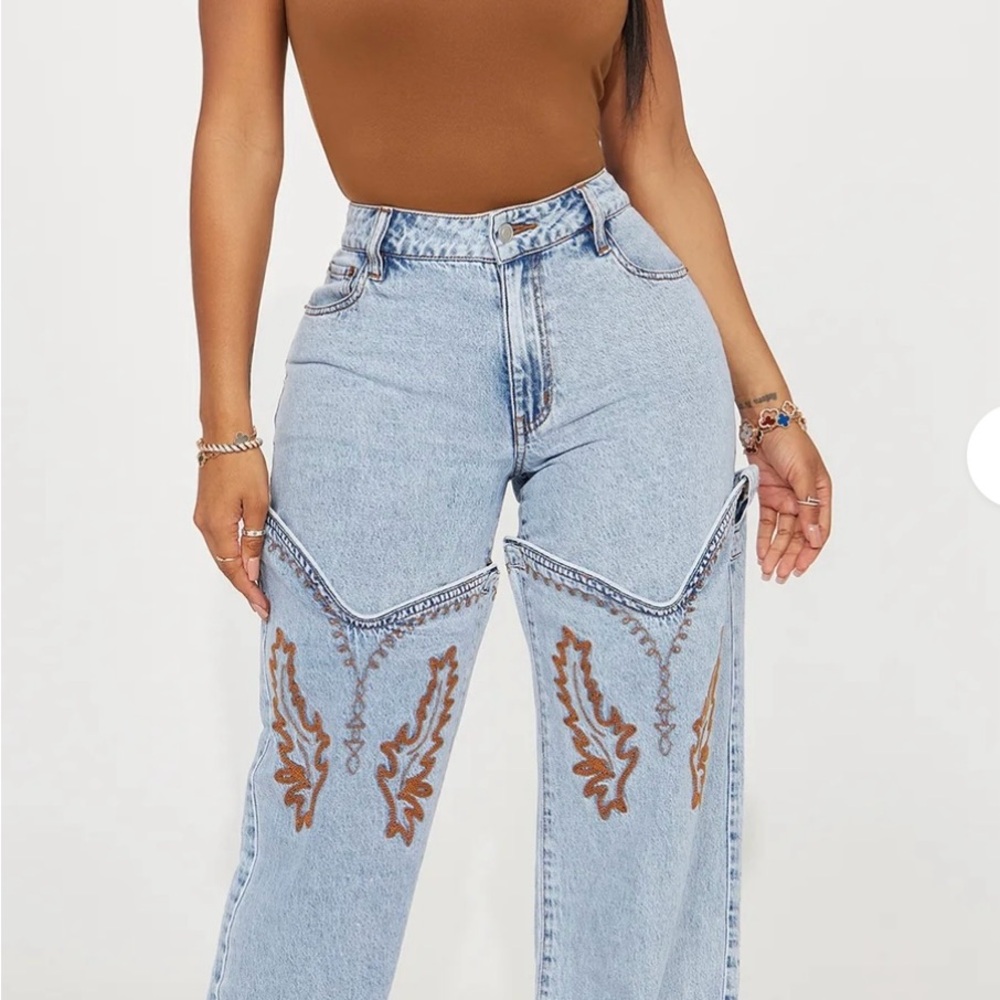 Fashion Nova High Rise Blue and Brown Jeans with Cascading Embellishments